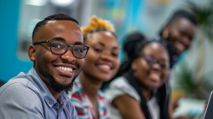 Obraz premium A diverse group of people stands together, smiling cheerfully in a well-lit manufacturing environment.