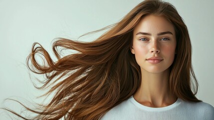 Fototapeta premium A portrait of a model with flowing, shiny hair, styled perfectly, standing against a plain white background 