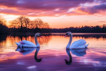Naklejka premium Two elegant swans gracefully floating on a tranquil lake during a stunning sunset. The colors blend beautifully in this peaceful scene. Generative AI