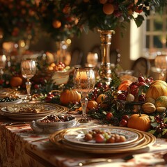 Naklejka premium Elegant Thanksgiving table setup with gourmet food, golden tableware, and autumn decorations in a warmly lit dining room.