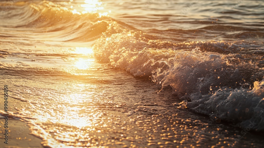 Poster conceptual image portraying a calming ambience, with gentle waves lapping at the shore during a gold