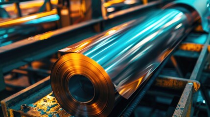 Steel Manufacturing: Shiny Steel Coil at Industrial Factory for Metalwork Production