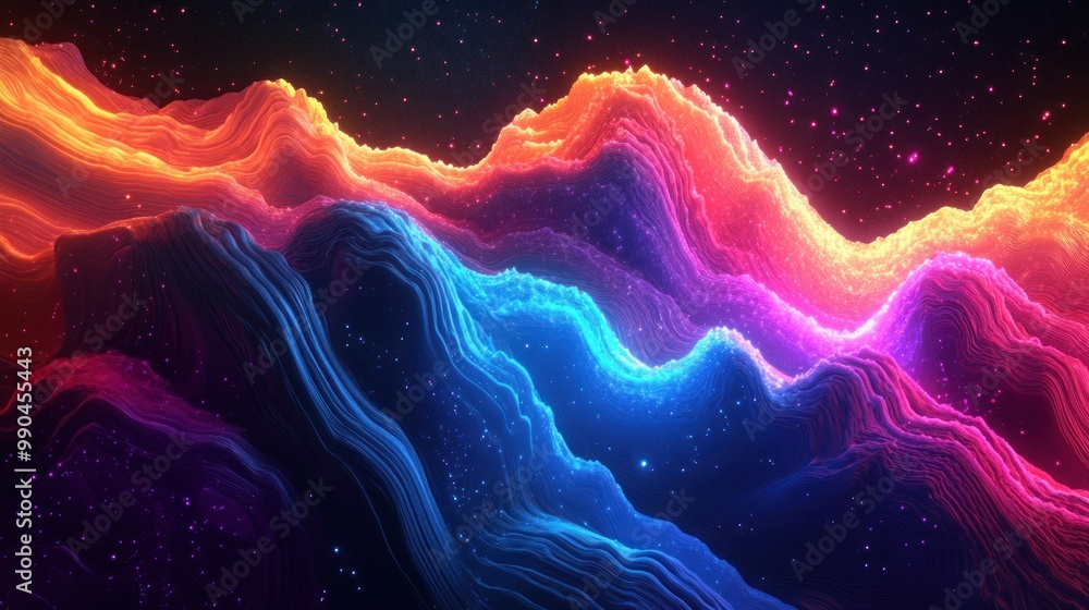 Wall mural abstract neon glowing waves and bright stars over a dark background.