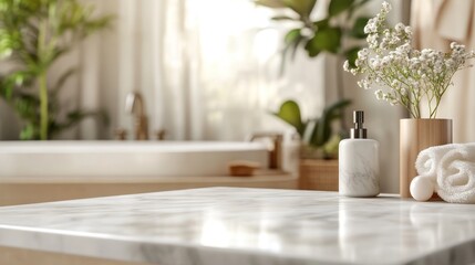White marble table top with soap dispenser, white towel, and flowers in a bathroom.