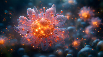 Microscopic View of Virus Particles. Futuristic Virus Simulation.