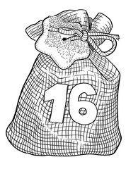 illustration of christmas bag for advent calendar drawn with black lines on a white background