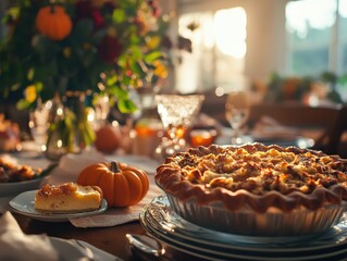 A beautifully set autumn table with a freshly baked pie, pumpkins, and floral centerpiece in warm, inviting sunlight.