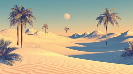 Palm trees stand tall against a backdrop of rolling sand dunes, a single, bright sun hangs in the sky.