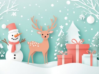 2408 18.A whimsical Christmas scene in paper-cut style with a deer, snowman, and gift box. The characters are illustrated with soft pastel colors, standing against a snowy winter background. The