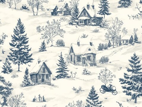 2408 26.A seamless vintage winter snow scene pattern in Toile de Jouy style, featuring intricate illustrations of old-fashioned Christmas settings. The pattern includes scenes of snow-covered
