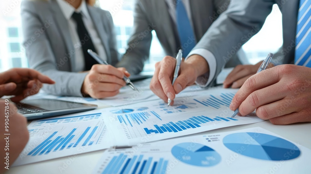 Poster a business team discussing strategies based on the results of their analysis