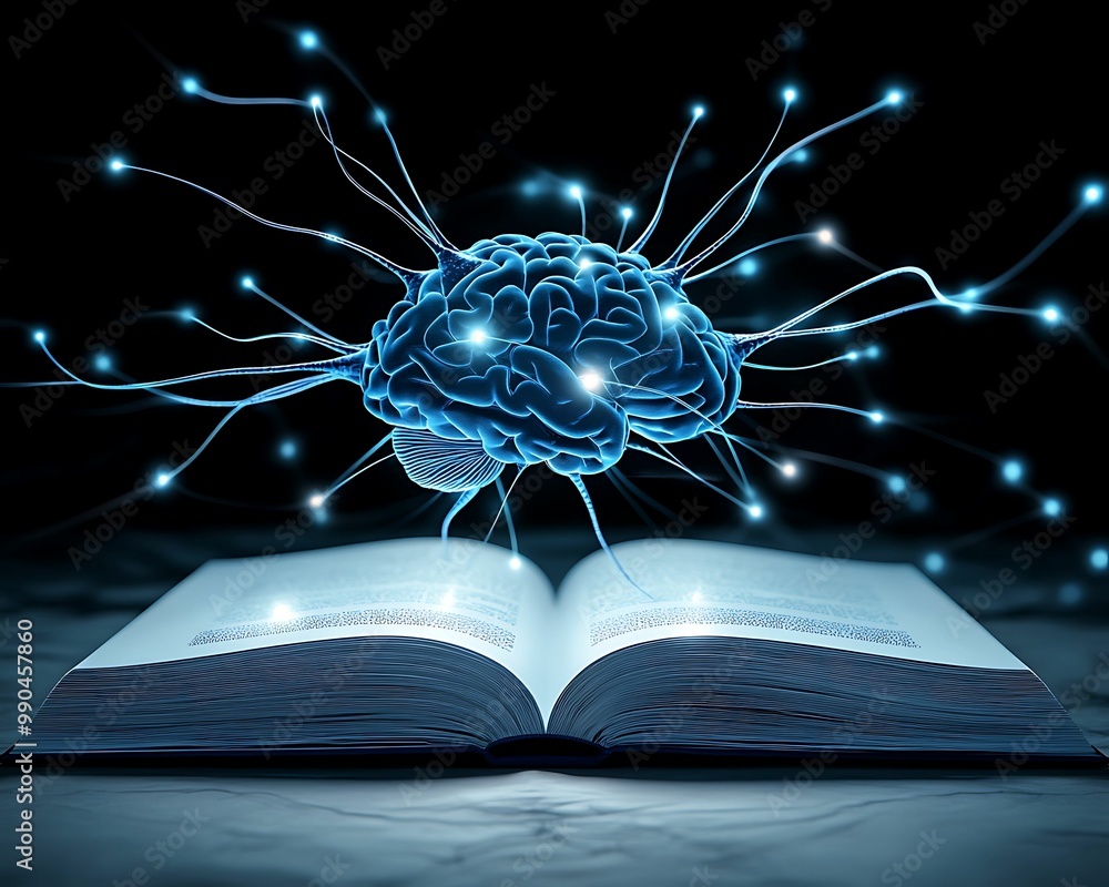 Poster a glowing brain emerges from an open book, symbolizing knowledge and intelligence through creative v