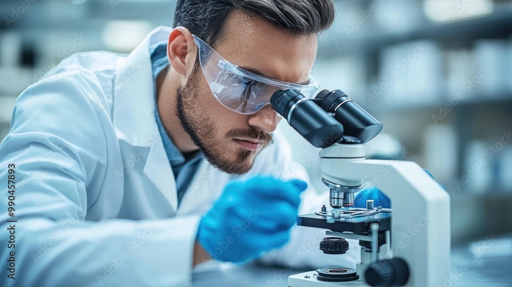 Aufkleber a scientist in a lab setting, analyzing samples under a microscope