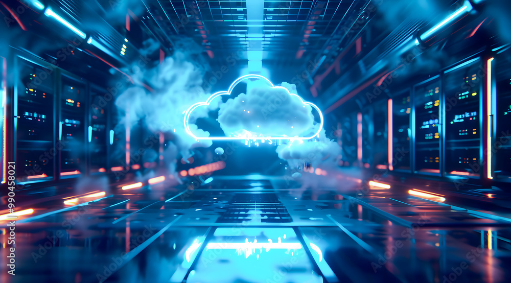 Poster Futuristic data center with glowing cloud technology in high-tech environment. Generative by AI