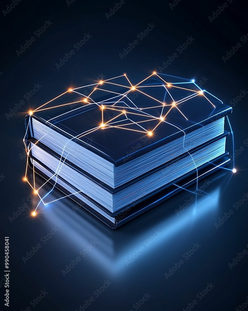 Aufkleber a stack of books interconnected with glowing lines, symbolizing digital connections and the fusion o