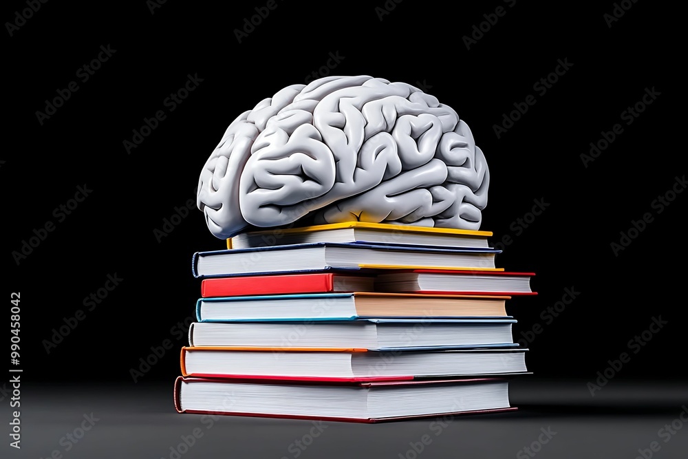 Poster a stylized brain sits atop a stack of colorful books, symbolizing the connection between knowledge a