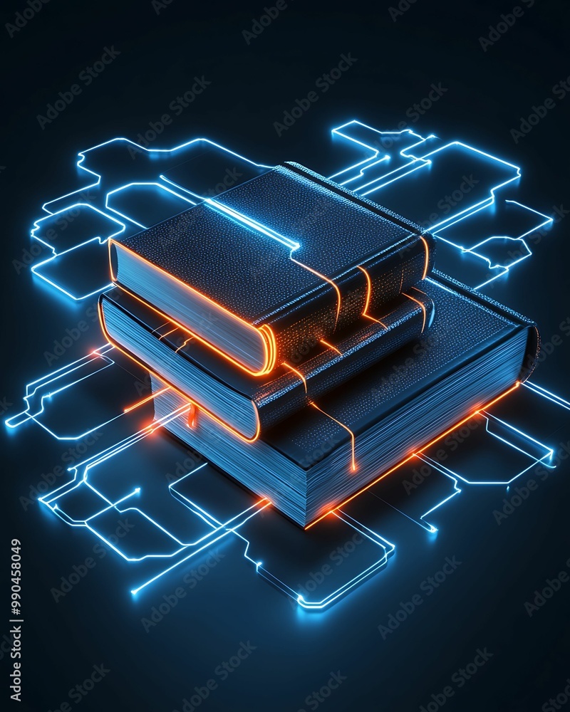 Poster a futuristic concept of glowing books interconnected by digital circuitry, symbolizing knowledge and