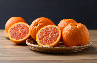 Caracara navel orange fruit in basket on wooden table with black background