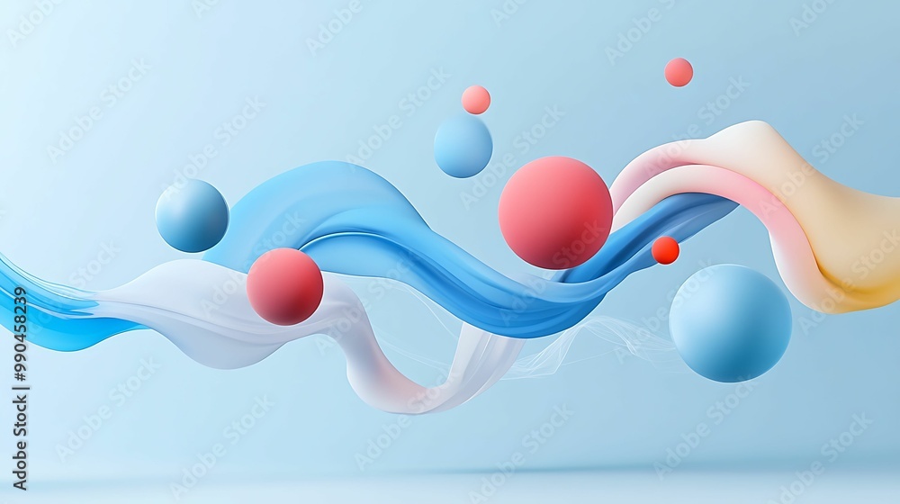 Poster a vibrant composition of colorful waves and spheres against a soft blue background, creating a dynam