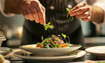 A chef is preparing a plate of food with a garnish of parsley Video