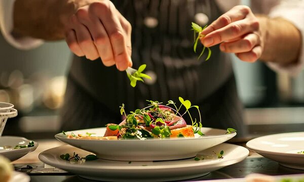 A chef is preparing a plate of food with a garnish of parsley Video