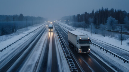 A truck carrying cargo in the winter on the highway in the evening. AI Generated