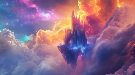 Fototapeta premium A floating castle made of glowing crystal, hovering in the atmosphere of a distant gas giant, surrounded by swirling clouds of vibrant colors.