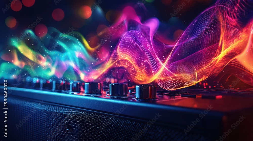 Poster conceptual image depicting an amplifier with visual effects, colorful sound waves emanating from a s
