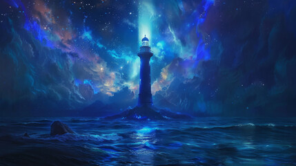 Fototapeta premium A cosmic lighthouse illuminates night sky, guiding lost souls through vibrant, starry ocean. scene evokes sense of wonder and tranquility.