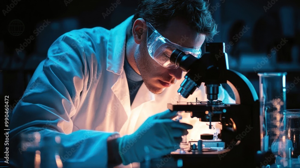 Poster a scientist using a microscope, symbolizing the amplification of microscopic details