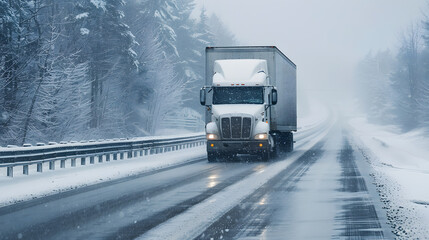 A truck carrying cargo in the winter on the highway in the evening. AI Generated