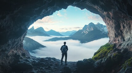 A lone hiker stands at the entrance of a cave, gazing out at a breathtaking view of a mountain range shrouded in clouds.