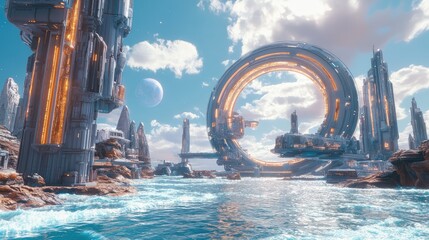 Fototapeta premium A futuristic city built on a massive ring-shaped platform hovering over an alien ocean, with shimmering waves reflecting the vibrant sky.