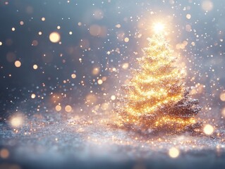 2408 69.A glowing Christmas tree created from bright, glittering lights, with a blurred effect that gives the illusion of twinkling and shining particles. The soft, radiant glow from the tree lights