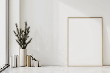 Minimalist Interior with Blank Picture Frame and Holiday Elements Mockup