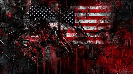 Abstract composition, American flag fragments dissolving into geometric shapes