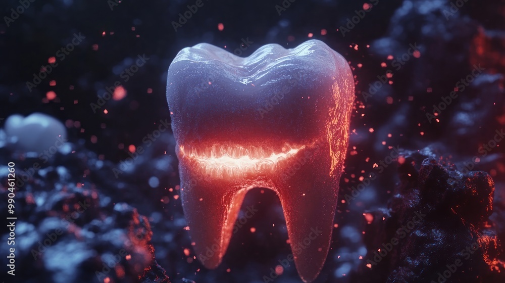 Wall mural a glowing tooth with red light emanating from the inside, surrounded by a dark background with scatt