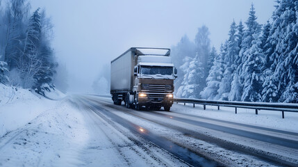 A truck carrying cargo in the winter on the highway in the evening. AI Generated