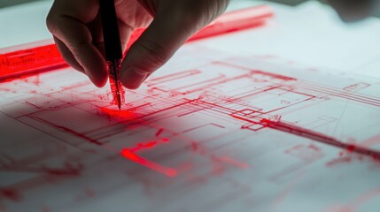 a blueprint being modified with red markings, representing the alteration of a design or plan