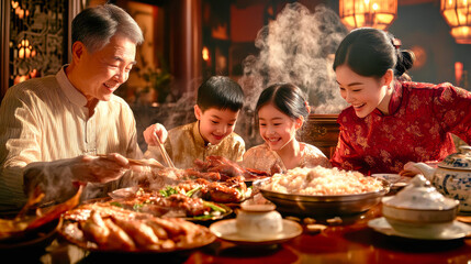 A joyful family dinner unfolds as grandparents, parents, and children savor authentic Chinese dishes, filled with warmth, laughter, and love