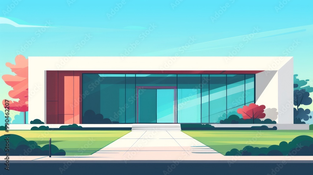 Poster futuristic flat building front view in landscape setting
