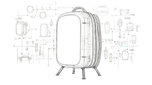 Technical drawing showing exploded view of modern travel backpack design