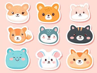 2408 91.A set of hand-drawn cartoon animal stickers featuring cute and playful designs. The collection includes animals like a bear, cat, rabbit, and fox, each illustrated with expressive features