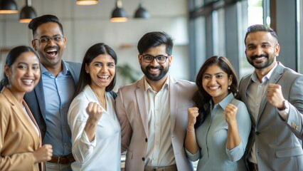 A group of Indian colleagues celebrating a successful project launch.
