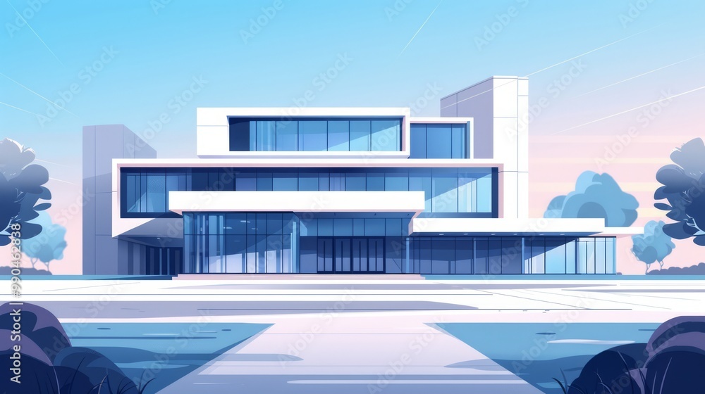 Poster modern building front view in flat design style