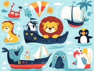 2408 96.A fun and playful vector set featuring cartoon animals on various boats and ships, including a lion steering a yacht, a penguin on a sailboat, and an elephant navigating a submarine. The