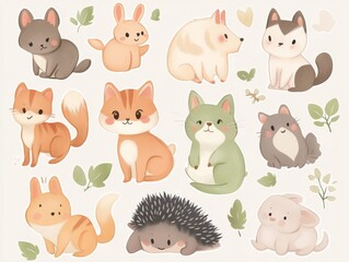 2408 95.A set of hand-drawn cartoon animal stickers featuring a wide variety of animals such as a cat, dog, rabbit, and hedgehog. Each animal is illustrated in a charming doodle style with soft