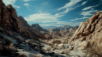 Fototapeta premium A panoramic view of a rugged desert landscape with towering rock formations and a vast expanse of sand and scrub brush under a blue sky with white clouds.