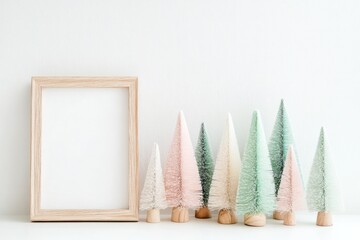 Pastel Christmas Trees with Wooden Frame Mockup