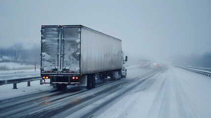 A truck carrying cargo in the winter on the highway in the evening. AI Generated